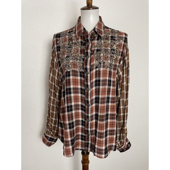 Free People Button Down Shirt Plaid Embroidered Sequin FLAW - Picture 1 of 13